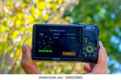 Tarn, France - Aug. 2020 - Screen Of A Japanase-designed Sony Still Camera, Displaying Latitude And Longitude Coordinates Provided By The Satellite Signal Of The Global Positioning System (GPS)