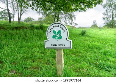 Tarn Hows, UK - 9 June 2021: National Trust Tarn Hows Sign, Coniston Wood, Lake District