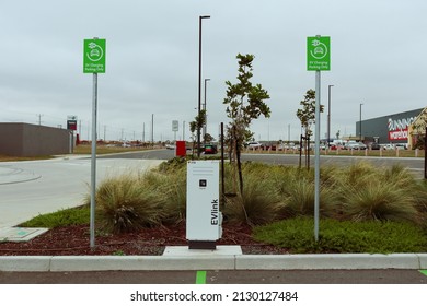 Tarneit, Vic Australia - February 28 2022: Electric Vehicle Charging Stations Outside Bunnings