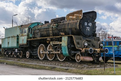 Tarnow, Poland - February 18, 2022: Polish State Railways. Historic, Retro Steam Locomotive PKP Class Ol 49 72.