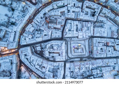 Tarnow Skyline In Winter. Aerial Drone View On Old Town And Town Square.