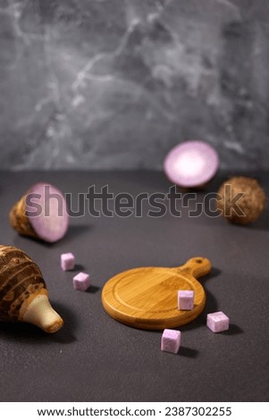 Taro Background space with ingredient elements for food and drinks decoration styling. Set design for for food and drinks styling photography taros.