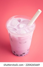 Taro Boba Tea On A Bright Pink Background