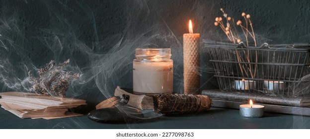 Tarot, astrology,Esoteric, Occult mystical ritual scene of sorcery tarot candles,dried flowers, palo santo tarot cards, ritual book.Witchcraft,mysticism and occultism,esoteric background,tarot banner - Shutterstock ID 2277098763