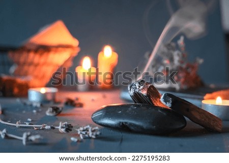 Tarot, astrology,Esoteric, Occult mystical ritual scene of sorcery tarot candles,dried flowers, palo santo tarot cards, ritual book.Witchcraft,mysticism and occultism,esoteric background,tarot banner Foto stock © 