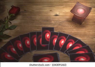 Tarot Cards Deck On Fortune Teller Table Background With Copy Space. Future Reading. Love Divination.