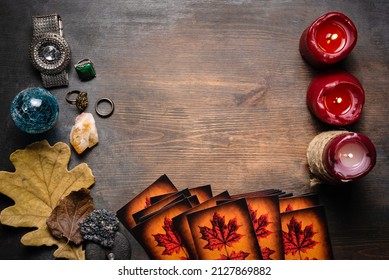 Tarot Cards On The Old Dark Wooden Table.