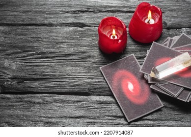 Tarot Cards On The Old Fortune Teller Desk Table Background. Future Reading Concept.