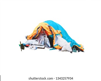 Tarp homeless tent isolated on white background. Refugees. Hut made of canvas banner. Poverty, trash