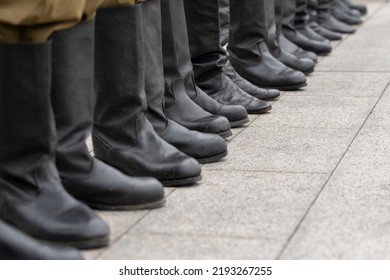 Tarpaulin Boots On The Feet Of The Military In The Form Of The Army Of The Soviet Union. Soldiers In The Ranks. Tarpaulin Military Boots.