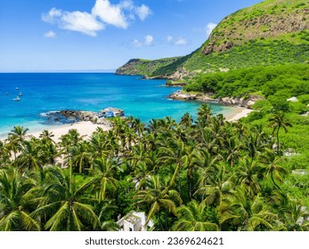 Tarrafal Beach - Cape Verde Aerial View. Santiago Island Landscape of Tarrafal - popular tourist destination. The Republic of Cape Verde is an island country in the Atlantic Ocean. Africa.