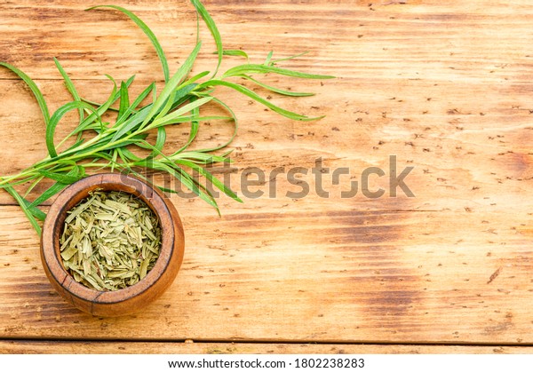 Tarragon or
estragon.Artemisia dracunculus.Fresh and dry tarragon herb on
wooden table.Space for
text