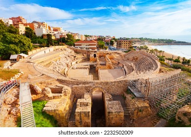 Tarragona Amphitheatre aerial panoramic view. Tarragona Amphitheatre is a Roman amphitheatre in the city of Tarragona in the Catalonia region of Spain. - Powered by Shutterstock