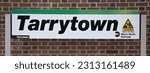 tarrytown train sign (metro north rail station) stop on commuter line subway