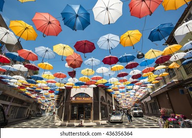TARSUS, TURKEY - MAY 8, 2016: Street with colored umbrellas in Tarsus, Turkey