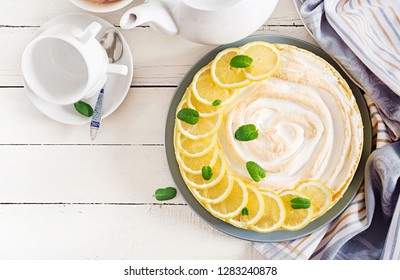 Tart With Lemon Curd  And Meringue. Lemon  Pie. American Cuisine. Dessert. Top View