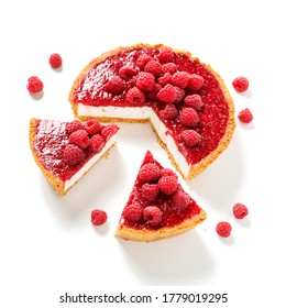 Tart , pie , cake with jellied fresh raspberries ( no bake cheesecake) isolated on white background - Powered by Shutterstock