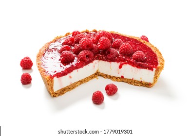 Tart , pie , cake with jellied fresh raspberries ( no bake cheesecake) isolated on white background - Powered by Shutterstock