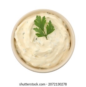 Tartar Sauce In Bowl Isolated On White, Top View