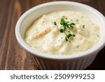 Tartar sauce. mayonnaise with chopped pickles and parsley and hard-cooked egg