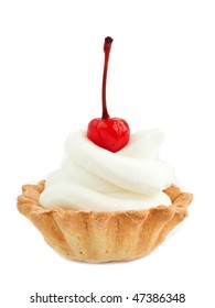 Tartlet With Whipped Cream And Cherry On White.