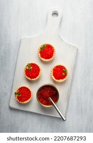 Tartlets With Red Caviar, On A Light Background, Close-up, Top View, No People,