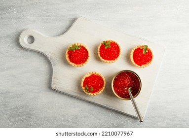 Tartlets With Red Caviar, On A Light Background, Close-up, Top View, No People,