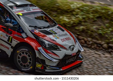 Tartu, Estonia - July 2019: Ott Tänak Driving With His Toyota Yaris WRC On Shell Helix Rally Estonia