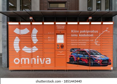 Tartu/Estonia-11.08.2020: Omniva Delivery System. Packages Deliverying Solution. Parcel System In Estonia. Technology Solutions. Safe Solution For Parcel Delivery During Covid Season