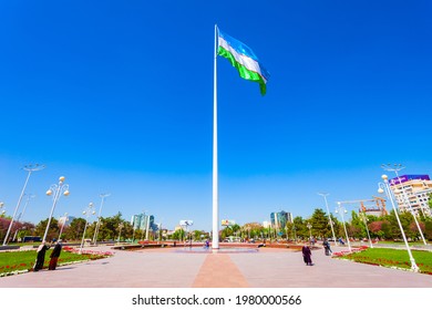 Tashkent, Uzbekistan - April 11, 2021: National Flag Of Uzbekistan At The Bunyodkor Or Friendship Of Peoples Square In Tashkent City, Uzbekistan