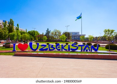 Tashkent, Uzbekistan - April 11, 2021: Volumetric inscription I love Uzbekistan at the Bunyodkor or Friendship of Peoples square in Tashkent city, Uzbekistan