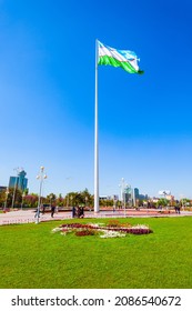 Tashkent, Uzbekistan - April 11, 2021: National Flag Of Uzbekistan At The Bunyodkor Or Friendship Of Peoples Square In Tashkent City, Uzbekistan