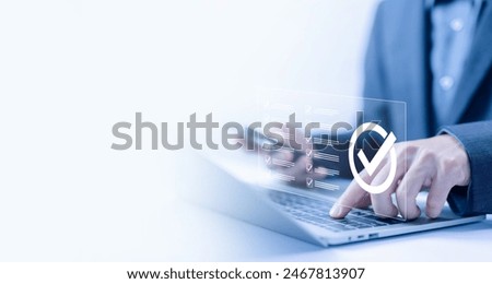 task audit in a list of documents, detail business verify task. checklist concept, tick mark evaluation in options check form online, process order. tick the checkmark in the survey item on a laptop