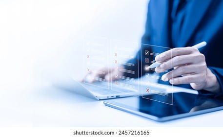 task audit in a list of documents, tick the checkmark in the survey item on a laptop. checklist concept, tick mark evaluation in options check form online, process order, detail business verify task