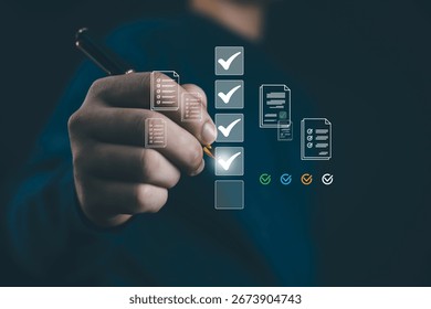 Task checklist and document management concept with digital check marks, symbolizing productivity, workflow efficiency, project planning, quality control, and successful business process electronic