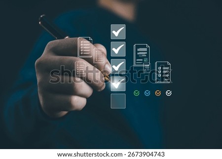 Task checklist and document management concept with digital check marks, symbolizing productivity, workflow efficiency, project planning, quality control, and successful business process electronic