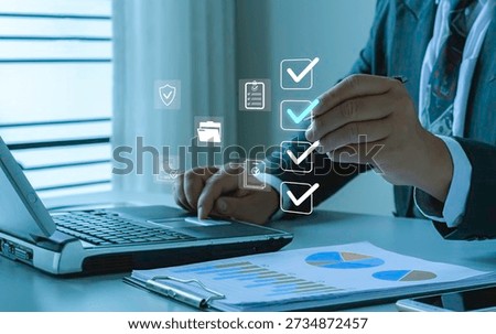 Task checklist verification, business process approval, workflow management review shown through professional marking digital checkboxes virtual interface to illustrate organization and efficiency.