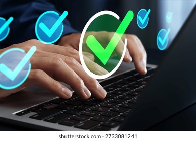 Task completion and approval process. Automated request submission workflow. Checkmark icons. Businessman using laptop computer to manage tasks.