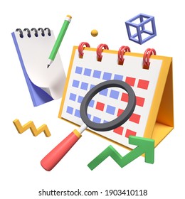Task management - modern colorful realistic 3d illustration. Efficient workflow, planning and office life idea. Unusual composition with images of a magnifier, calendar, pencil and notepad, arrow - Shutterstock ID 1903410118