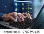 Task management and scheduling software. To-do list for progress tracking. Businessperson using laptop computer to manage and prioritize tasks.