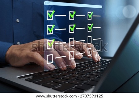 Task management and scheduling software. To-do list for progress tracking. Businessperson using laptop computer to manage and prioritize tasks.