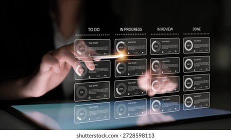 Task management tool dashboard showing kanban-style workflow with columns for to do, in progress, in review, and done, including task cards, progress, and team icons Latch