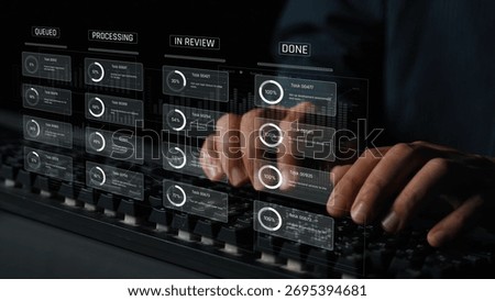 Task management tool dashboard showing kanban-style workflow with columns for to do, in progress, in review, and done, including task cards, progress, and team icons Marrow