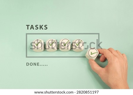 Tasks done, progress and development, complete mission, approve and agreement in business decision, analysis of checklist, tick marks loading bar