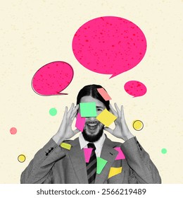 Tasks Thinking Bubble. Creative Collage Art Business People Concept Photo. Advertisment Design. Texture Background. Success Finance Work. Digital Information Psycology.