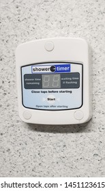 TASMANIA - APRIL 2019: Shower Timer Digital Device Installed In Public Shower Room