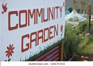 TASMANIA - MAR 15 2019:An Australian Community Garden Sign In A Vegetable Garden.A Community Garden Is A Single  In Tasmania, Australia. Piece Of Land Gardened Collectively By A Group Of People