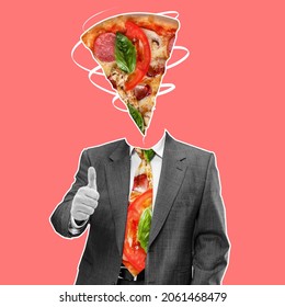 Taste italian food. Man in business suit with slice of pizza instead head isolated over coral color background. Modern design, contemporary art collage. Inspiration, idea, trendy urban magazine style.