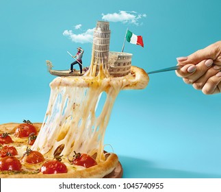 Taste Italy concept. The collage about Italy with female hand, gondolier, pizza and major sights. Travel, tourism concepts.