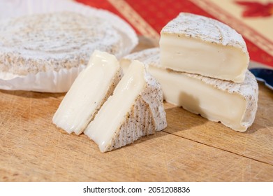 Taste Of Provence, Small Round Cheese Tome De Provence Made From Goat Milk In Banon, Alpes-de-Haute-Provence, France Served On Traditional Tabel Cloth From Provence